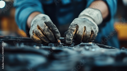 A mechanic's gloved hands skillfully working on an engine, emphasizing expertise, precision, and the labor-intensive nature of mechanical repair work.