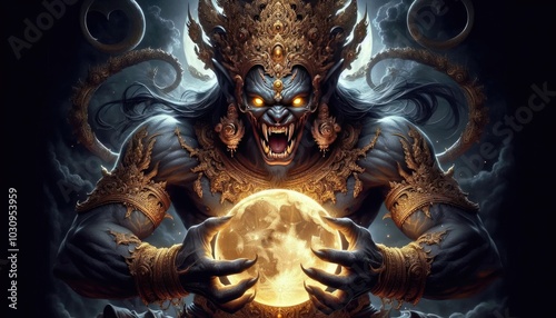 A powerful and fierce depiction of Rahu, the celestial deity, preparing to devour the full moon. Rahu’s face is adorned with intricate golden details and a towering crown, his expression menacing wit