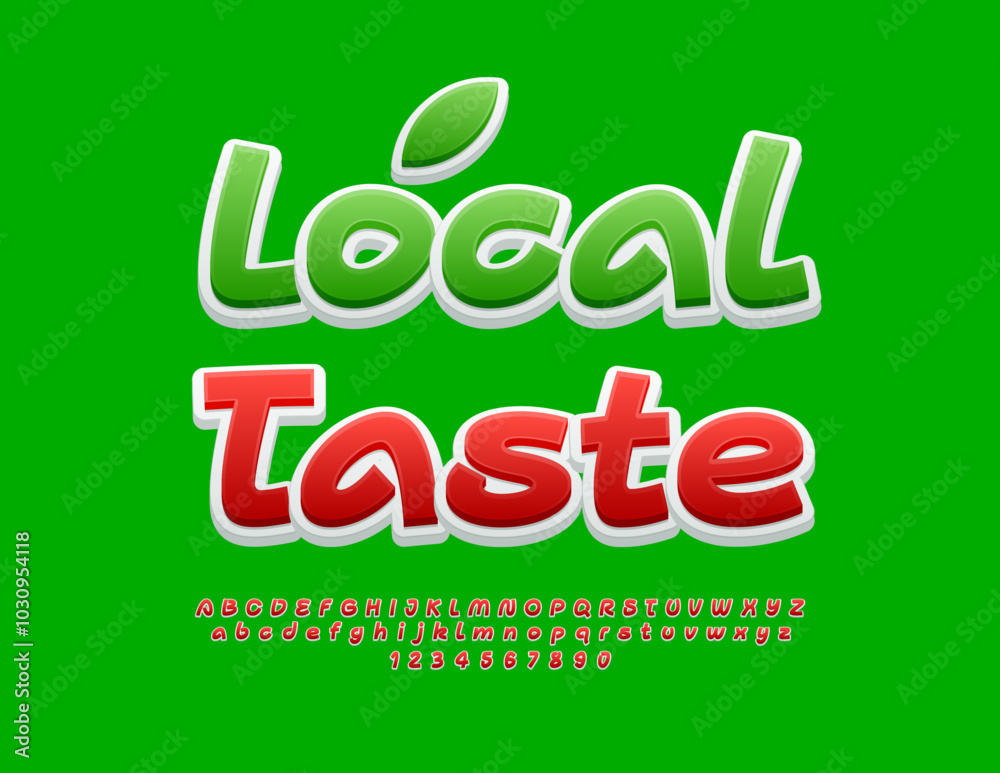 Fototapeta premium Vector bright concept Local Taste. Creative Red Font. Artistic Alphabet Letters and Numbers set.