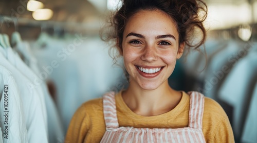 A cheerful woman in a striped apron smiles brightly at the camera, standing in a laundry room setting, exuding a sense of joy and friendliness. photo