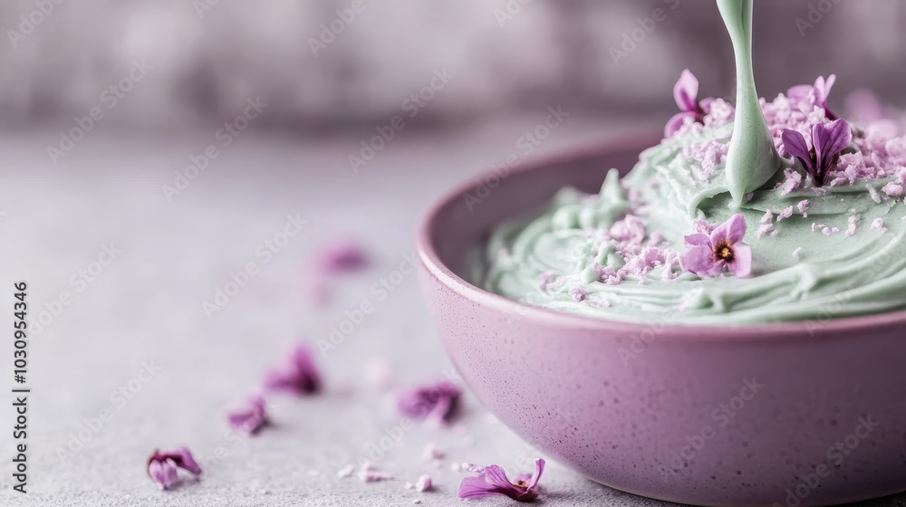 A smooth green mixture elegantly swirled in a bowl, adorned with delicate purple flowers, creating a visually pleasing and tastefully arranged presentation. A smooth green mixture elegantly swirled in a bowl, adorned with delicate purple flowers, creating a visually pleasing and tastefully arranged presentation.