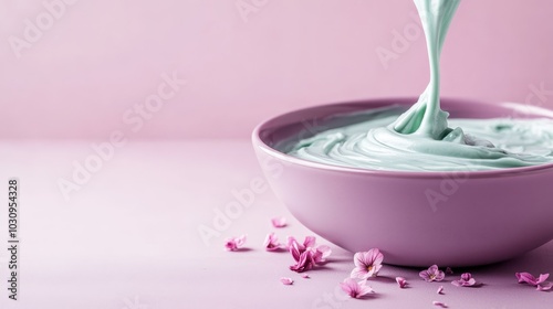 A stream of pastel green icing smoothly drizzles onto a beautifully presented dessert, accented with pink floral details, inviting a sense of indulgent creativity.