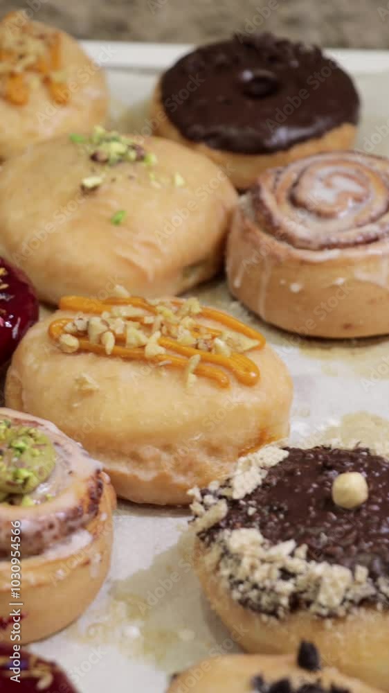 Assortment of gourmet vegan donuts on display