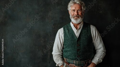 An elderly man with a white beard wears traditional clothing, embodying a warm and cozy atmosphere that reflects his calm and serene demeanor.