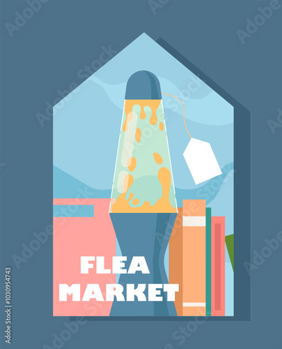 Second hand sticker. Retro lamp with tag. Garage sale for neighbors. Commerce and merchandise. Flea market and bazaar. Poster or banner. Flat vector illustration