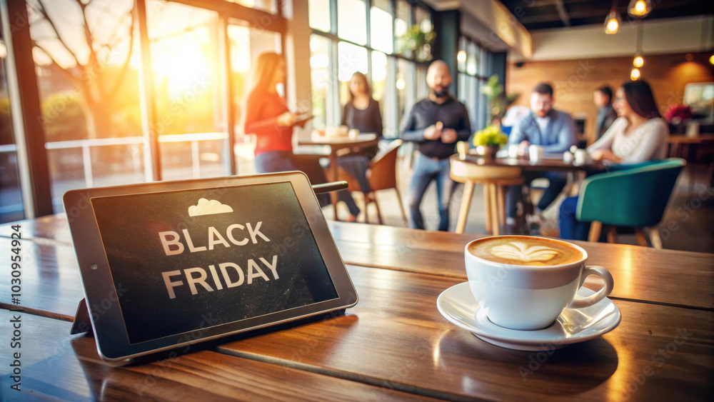 Tablet Displaying Black Friday Sale at Cafe Tablet Displaying Black Friday Sale at Cafe