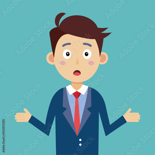 Businessman holding up his hands in confusion, avatar illustration with blue background