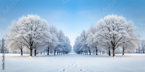 Winter snowy landscape with frost and snow covered trees