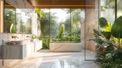 Luxury Bathroom Oasis: A luxurious bathroom with a marble bathtub, double sinks, and a large window overlooking a lush tropical garden. The space is filled with natural light and a sense of calm.