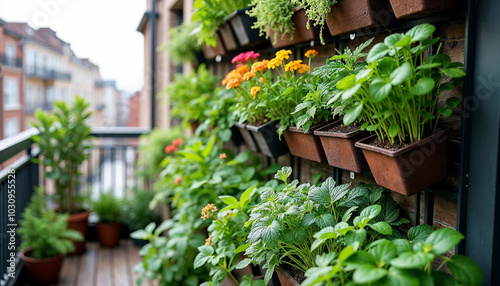 Vertical urban garden: A small balcony or wall space transformed into a lush vertical garden, featuring a variety of herbs, vegetables, and flowers in space-saving planter