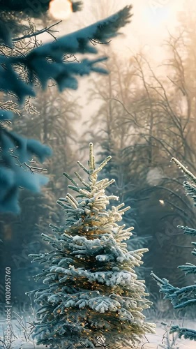 Snow-covered evergreen tree in a winter forest, serene nature scene. Holiday and tranquility concept