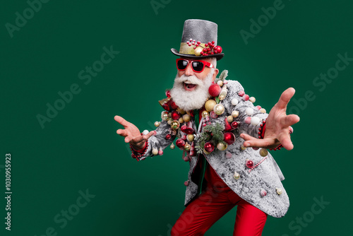 Photo of excited aged man cylinder hat festive outfit empty space isolated on dark green color background photo