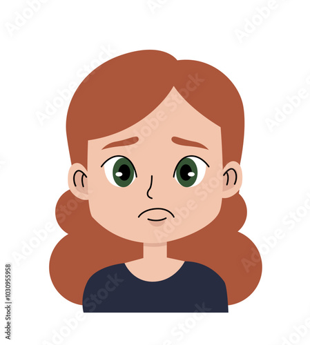 Girls face with emotion. Unhappy teen. User avatar for social networks and messengers. Negative feelings and emotions. Flat vector illustration
