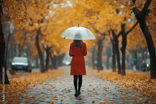 A lonely thin girl in a red coat walks under an umbrella in an autumn park with her back to the viewer 