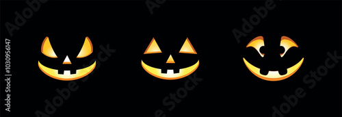Glowing Eyes and Mouth of Halloween Pumpkin or Ghost Faces Vector Set with Carved Facial Features. Different Emotions on Black Background. Spooky, Joyful Art with Angry, Kind, Cheerful Faces