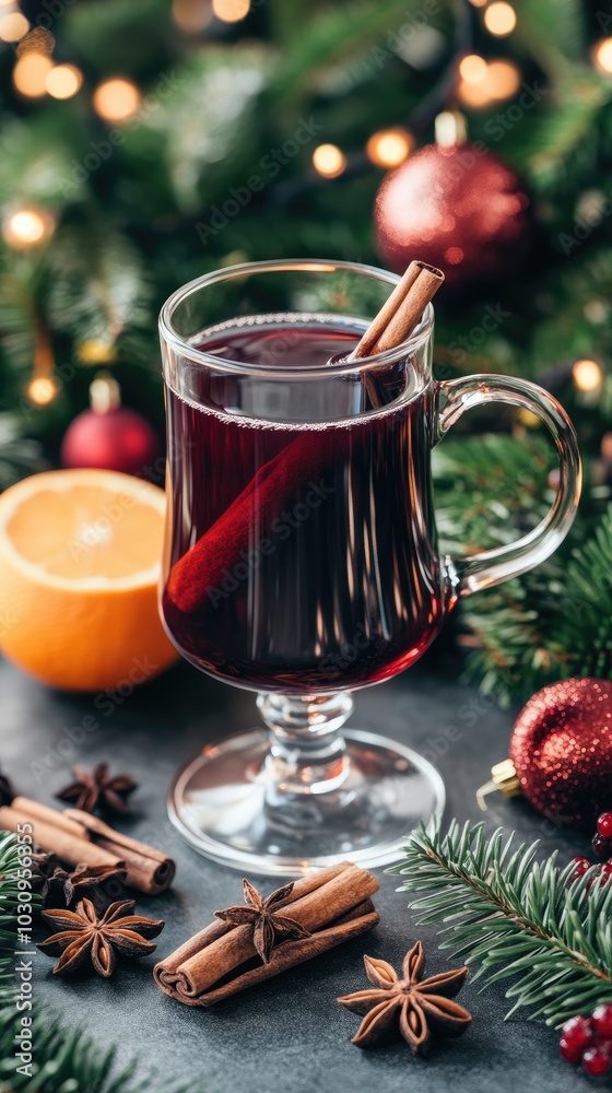 Enjoy the warmth of mulled wine infused with orange slices and star anise, beautifully arranged with holiday decorations, creating a festive ambiance on a wooden table Enjoy the warmth of mulled wine infused with orange slices and star anise, beautifully arranged with holiday decorations, creating a festive ambiance on a wooden table