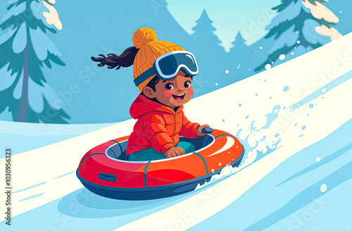 Happy Girl Descending Snow-Covered Mountain slope on Snow Tubing. Child Smiling on Snow Tube Sledge. Active Winter Holiday, Happy Childhood Concept