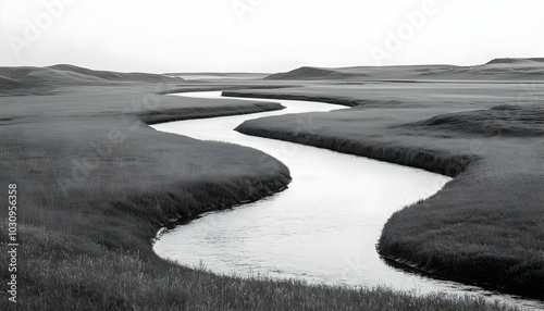 Grayscale photograph capturing the serene beauty of a river winding through an open field  