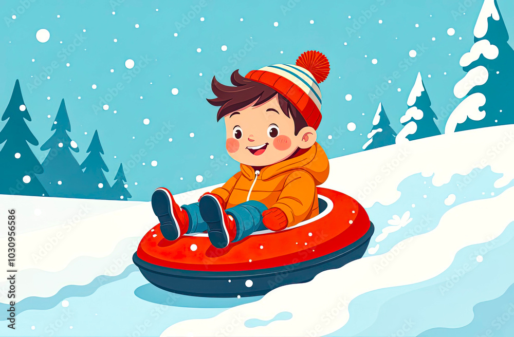 Happy Boy sliding down the Mountain slope on Snow Tubing. Child Smiling on Snow Tube. Active Winter Holiday, Happy Childhood Concept Happy Boy sliding down the Mountain slope on Snow Tubing. Child Smiling on Snow Tube. Active Winter Holiday, Happy Childhood Concept