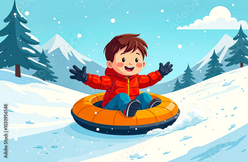 Happy Boy sliding down the Mountain slope on Snow Tubing. Child Smiling on Snow Tube. Active Winter Holiday, Happy Childhood Concept