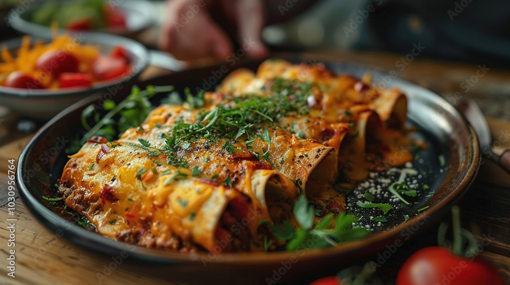 A person serving a plate of enchiladas at a restaurant. A person serving a plate of enchiladas at a restaurant.