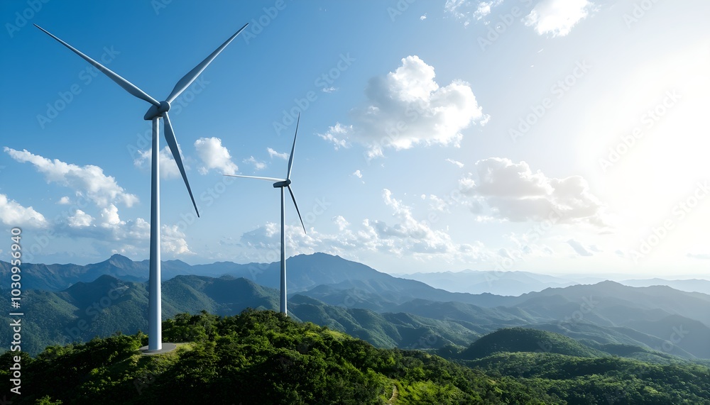 Wind turbines spinning gracefully on a hillside, surrounded by lush greenery and wildlife Wind turbines spinning gracefully on a hillside, surrounded by lush greenery and wildlife