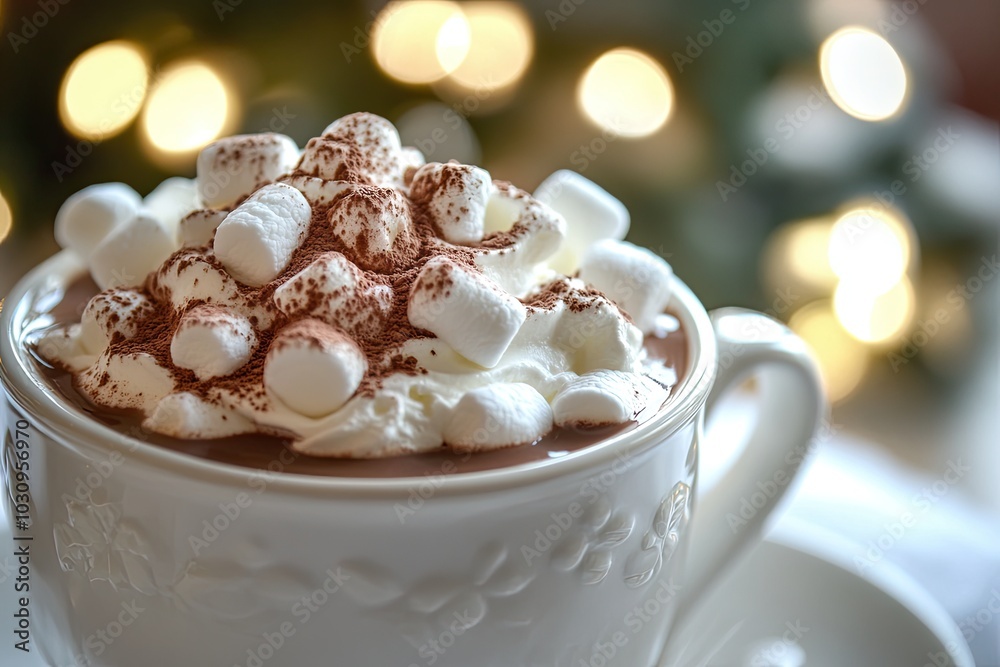 A steaming cup of hot chocolate topped with whipped cream, marshmallows, and a sprinkle of cocoa powder A steaming cup of hot chocolate topped with whipped cream, marshmallows, and a sprinkle of cocoa powder