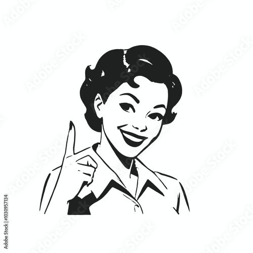 A black and white illustration of a smiling woman with short wavy hair, 
