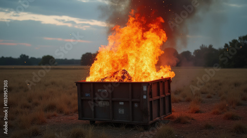 Raging Dumpster Fire in Open Field at Sunset - Symbolic Flames and Rural Destruction with American Flag Sticker