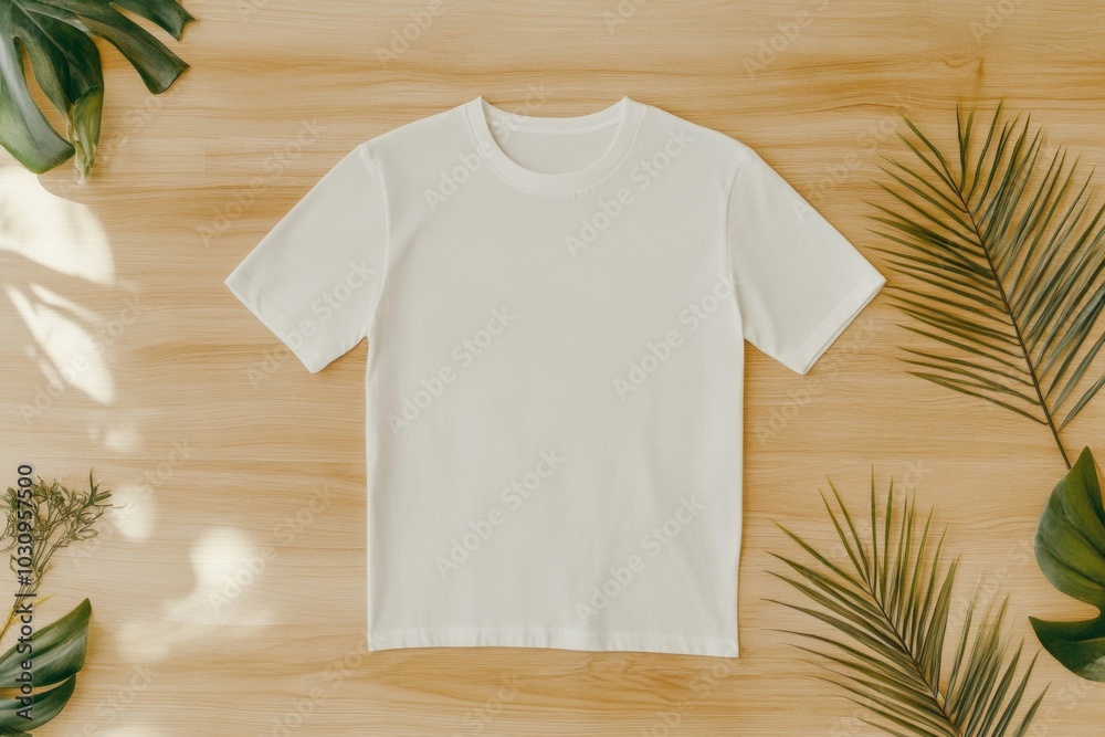 Minimalist view of a blank white t-shirt surrounded by tropical leaves on a wooden surface