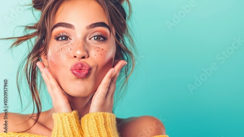 Close up of pretty beautiful brunette young caucasian woman blowing air kiss, mwah, kissing gesture, pucker lips and looking strait to camera, standing over green color studio background. Copy space