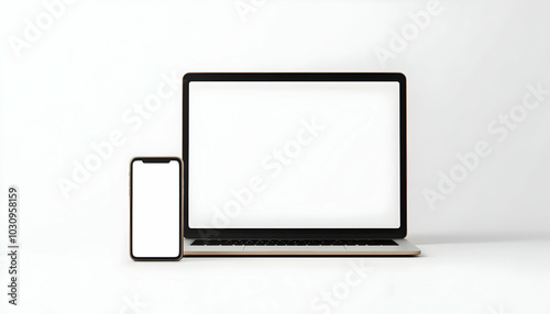 Isolated Mobile Phone and Laptop Display on White  