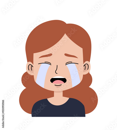 Girls face with emotion. Cute teen crying. User avatar for social networks and messengers. Negative emotions, frustration and depression. Flat vector illustration