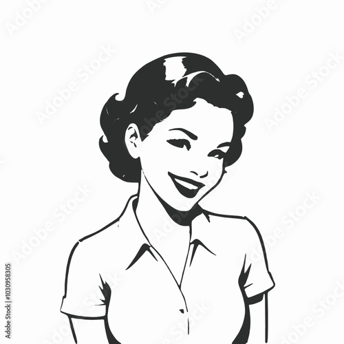A black and white illustration of a smiling woman with short wavy hair, 