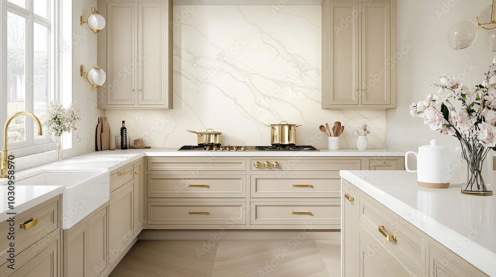 This inviting kitchen showcases light beige cabinets and white marble tiles, complete with a gas stove, decorative pots, and a lovely flower vase on the countertop This inviting kitchen showcases light beige cabinets and white marble tiles, complete with a gas stove, decorative pots, and a lovely flower vase on the countertop