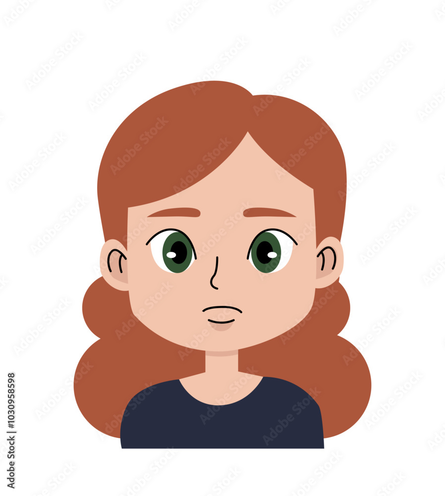 Girls face with emotion. Cute teen thinking. User avatar for social networks and messengers. Pensive teenager with brown hair. Flat vector illustration Girls face with emotion. Cute teen thinking. User avatar for social networks and messengers. Pensive teenager with brown hair. Flat vector illustration