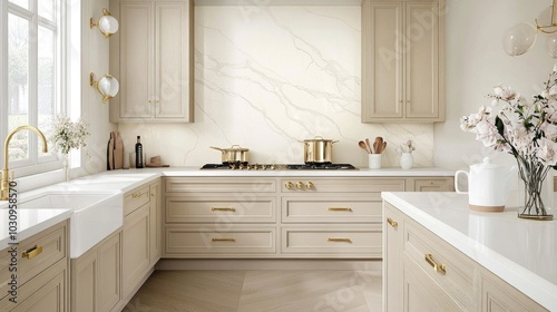 This inviting kitchen showcases light beige cabinets and white marble tiles, complete with a gas stove, decorative pots, and a lovely flower vase on the countertop