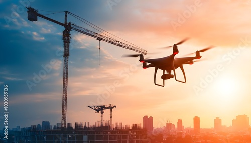 City skyline under construction with drones and robotic machinery, symbolizing the future of urban development through smart technology and AI photo