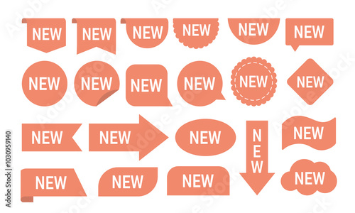Set of tags new. Rounds, rhombus and arrows with inscription new. Advertising and marketing, product promotion on Internet. Flat vector collection