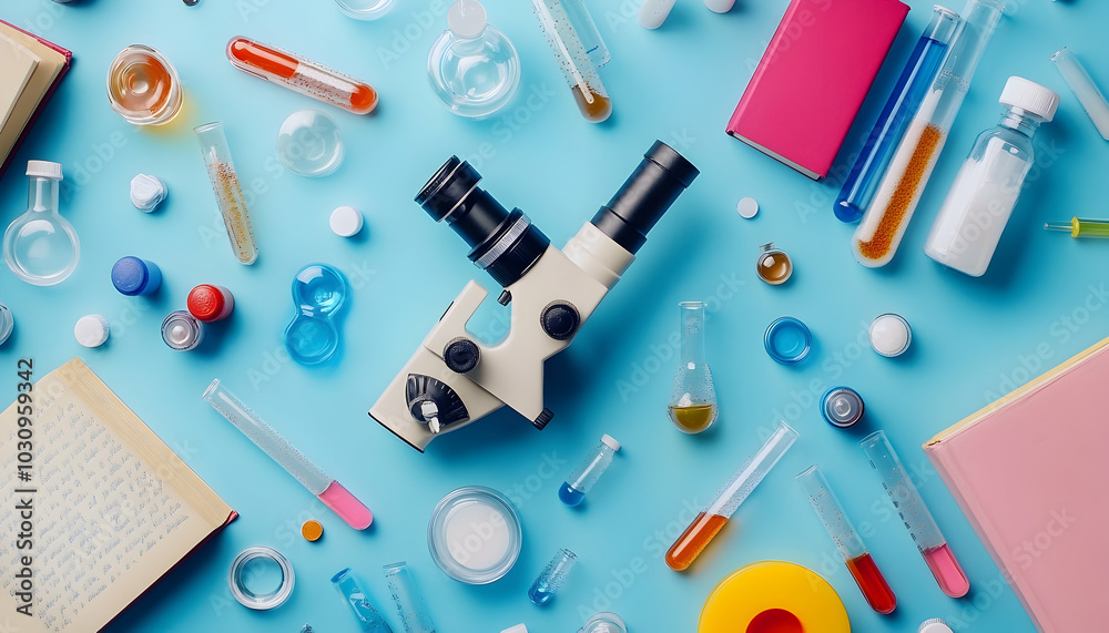 Microscopes, books, and colorful test tubes arranged on a blue background, showcasing the beauty of chemistry Microscopes, books, and colorful test tubes arranged on a blue background, showcasing the beauty of chemistry