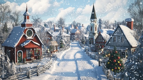 Christmas Village with Snow in Vintage Style, Winter photo