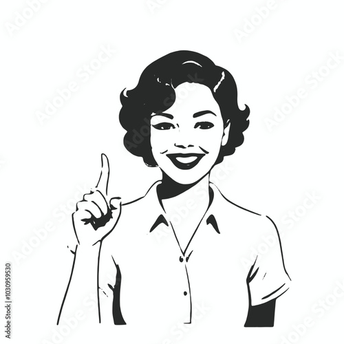 A black and white illustration of a smiling woman with short wavy hair, 