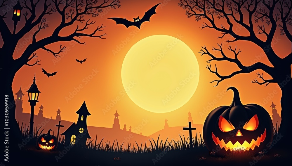 Halloween pumpkin in creepy card, cobweb on wall, night sky. October wallpaper for spooky event, happy lantern lights celebration. Halloween pumpkin in creepy card, cobweb on wall, night sky. October wallpaper for spooky event, happy lantern lights celebration.