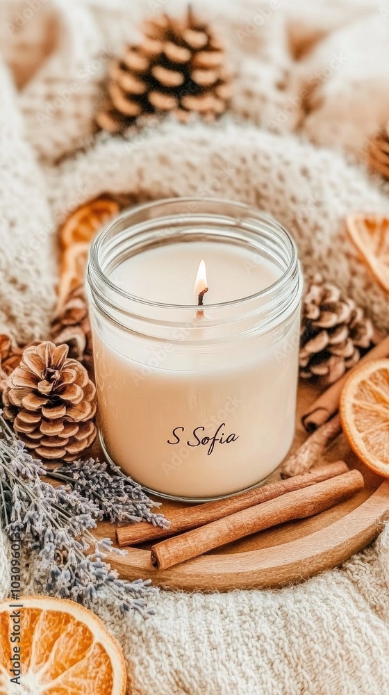 A scented candle sits elegantly on a wooden tray, surrounded by dried orange slices, lavender flowers, and pine cones, creating a warm and inviting ambiance