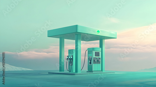 Mint green energy gas station petrol pump, set against a soft-toned background in a 3D illustration  