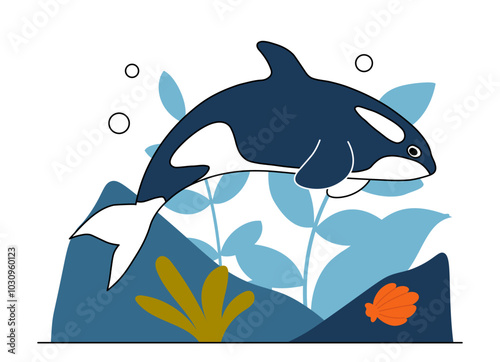 Sea creature concept. Blue shark near corals and reefs. Underwater world. Sea or ocean. Sticker for social networks. Flat vector illustration
