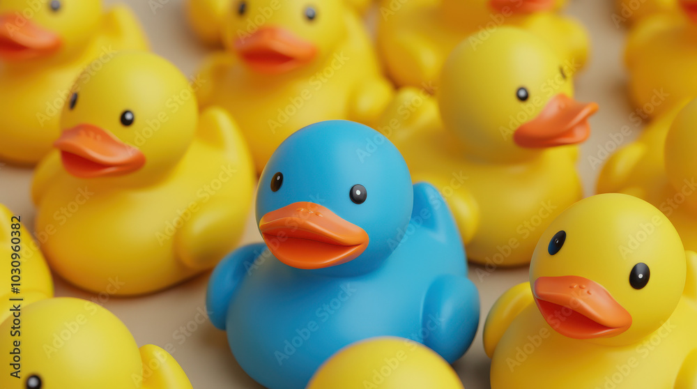 Unique Blue Rubber Duck Standing Out in a Sea of Yellow Ducks - Symbolizing Individuality, Leadership, and Diversity Unique Blue Rubber Duck Standing Out in a Sea of Yellow Ducks - Symbolizing Individuality, Leadership, and Diversity