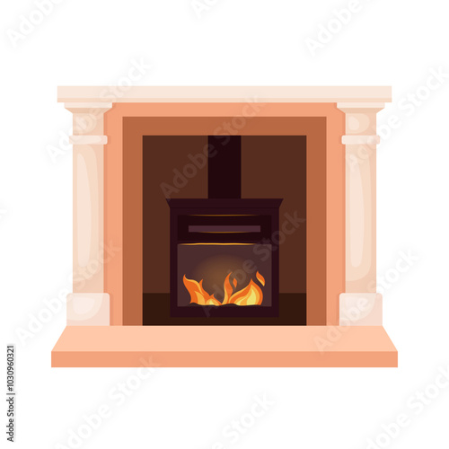 Contemporary classic fireplace with columns. Cozy winter interior bonfire, burning flame blazing inviting warm fire. Home open hearth for comfort and relaxation. Vector flat illustration
