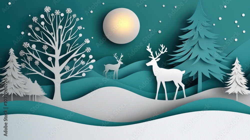A paper cutout winter scene with reindeer and trees against a teal backdrop with a glowing moon. A paper cutout winter scene with reindeer and trees against a teal backdrop with a glowing moon.