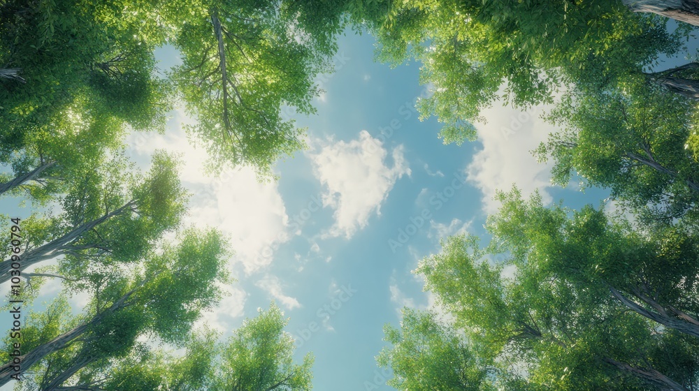 Looking up at the green tops of trees.